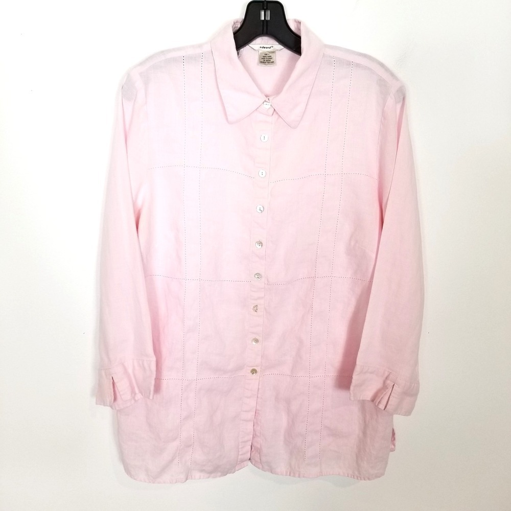Edward Women 100% Linen Button Up shirt Tunic Sz L Pink Long Sleeve Summer‎